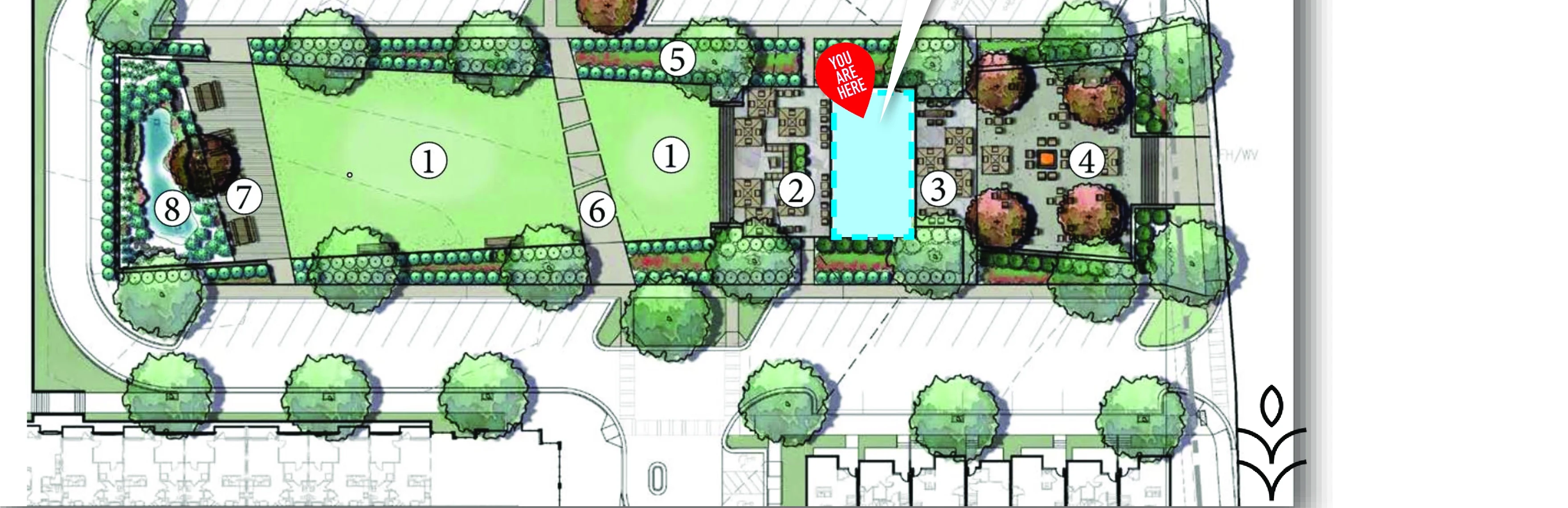 Site plan of Vela Park Food Works — the building, patios, and central park